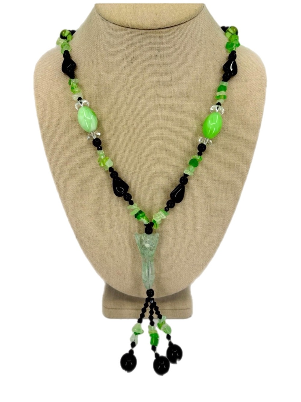 Glass Black Agate and Stone Chips Long Necklace Tassel Boho